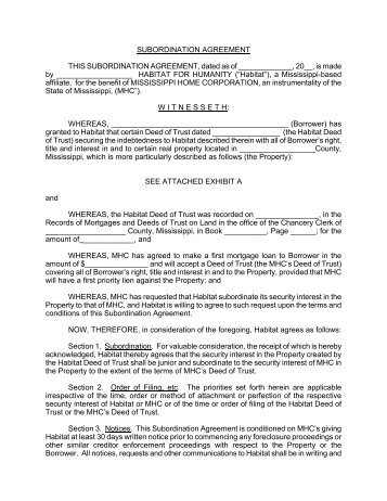 Subordination Agreement - Mississippi Home Corporation