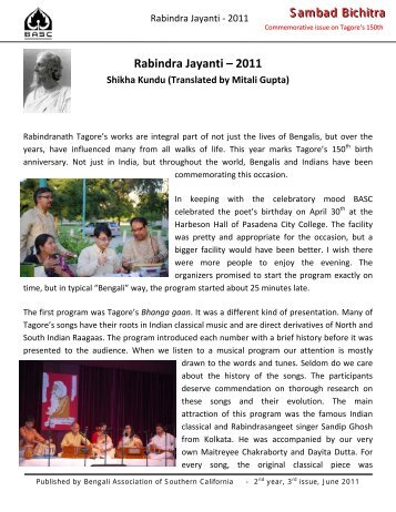 Rabindra Jayanti – 2011 - BASC - Bengali Association of Southern ...