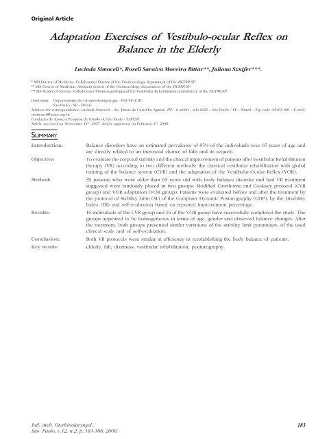 Adaptation Exercises of Vestibulo-ocular Reflex on Balance in the ...