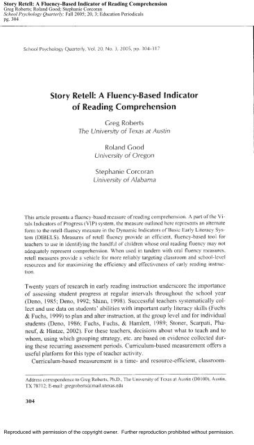 Story Retell A Fluency Based Indicator Of Reading Comprehension