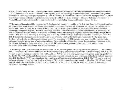 MDA/DV HARDWARE MATURITY CHECKLISTS for TECHNOLOGY ...