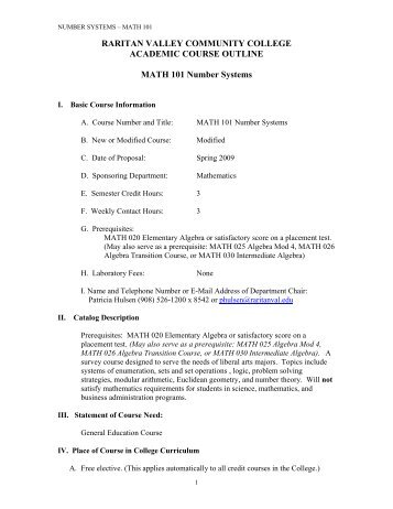 raritan valley community college academic course outline math 101