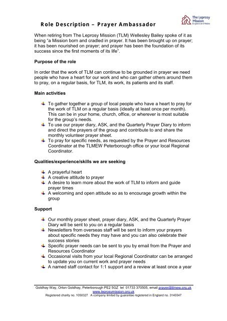 Prayer Roles Role Description â Prayer Ambassador - The Leprosy Mission
