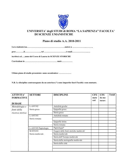 Scienze storiche - FacoltÃ  di Scienze Umanistiche - Sapienza