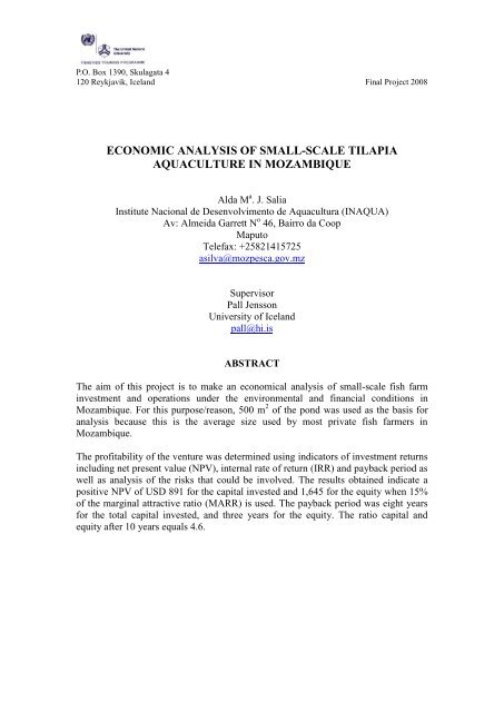 economic analysis of small-scale tilapia aquaculture in mozambique