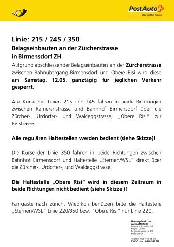 Linie: 215 / 245 / 350 Belagseinbauten an der ZÃ¼rcherstrasse ... - SBB