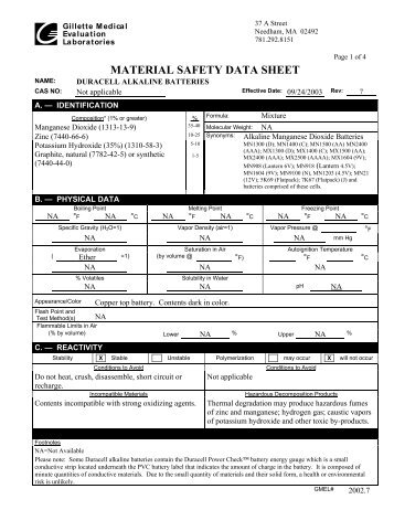 MATERIAL SAFETY DATA SHEET - Duracell Procell Batteries