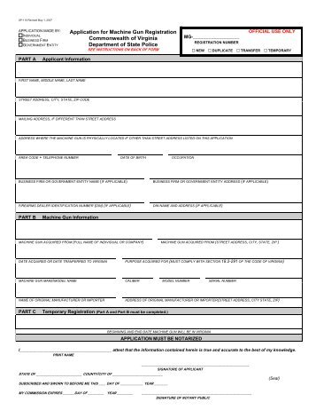 Application for Machine Gun Registration - Virginia State Police