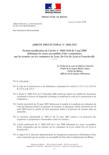 ARRETE PREFECTORAL NÂ° 2008-2921 Portant modification de l ...