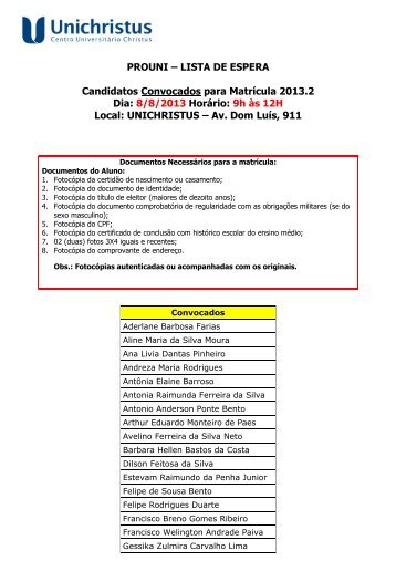 Convocados para matricula - LISTA DE ESPERA - PROUNI