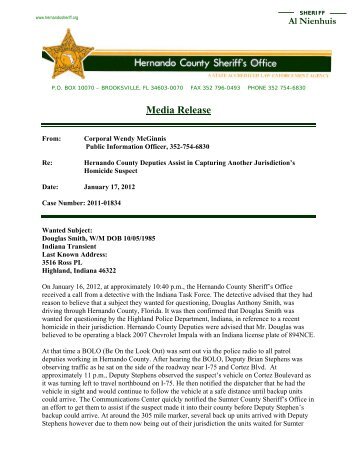 Media Release - Hernando County Sheriff's Office