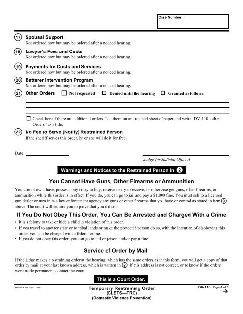 Request for Domestic Violence Restraining Order (without Children)
