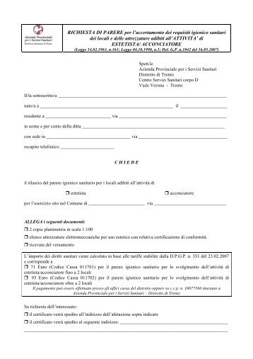RICHIESTA DI PARERE per l'accertamento dei requisiti igienico ...
