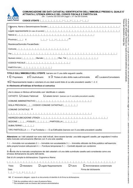 modulo richiesta dati catastali e partita iva-codice - Acque SpA
