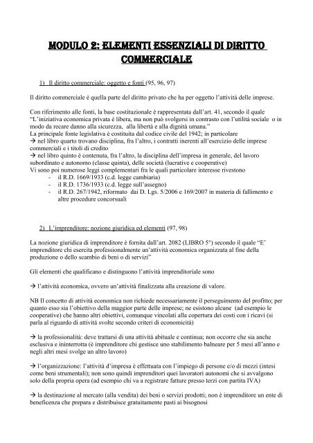 MODULO 2: ELEMENTI ESSENZIALI DI DIRITTO COMMERCIALE