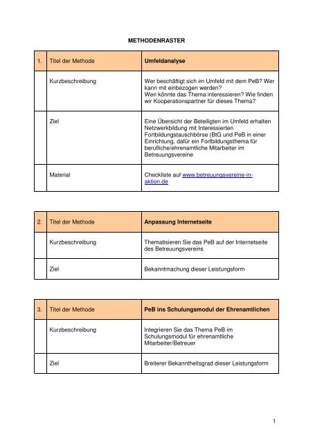 Methodenraster - Betreuungsvereine in Aktion