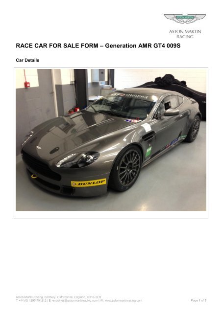 Race Car For Sale Form - Aston Martin