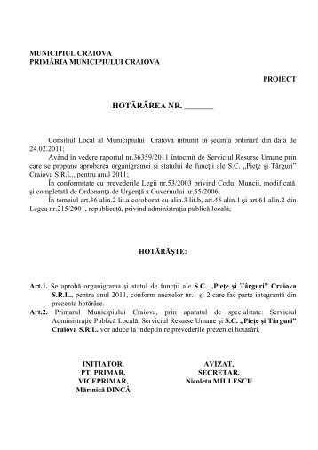 Proiect de hotărâre privind aprobarea ... - Primaria Craiova