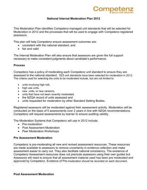 National External Moderation Plan 2009 - Competenz