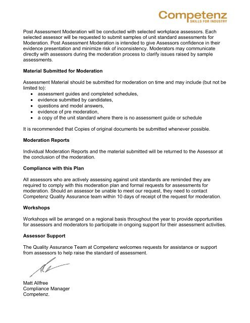 National External Moderation Plan 2009 - Competenz