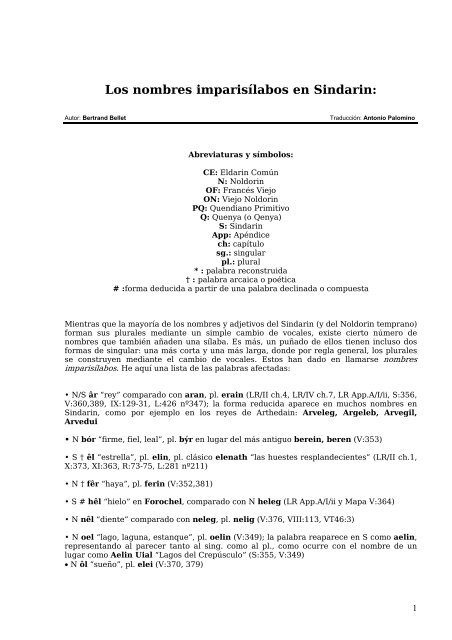 Los nombres imparisÃ­labos en Sindarin: - Konozer