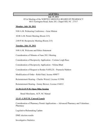 AGENDA - North Carolina Board of Pharmacy