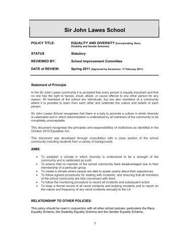 Equality and Diversity Policy 2011-2013 - Sir John Lawes School