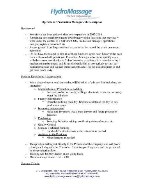 Operations Production Manager Job Description Background