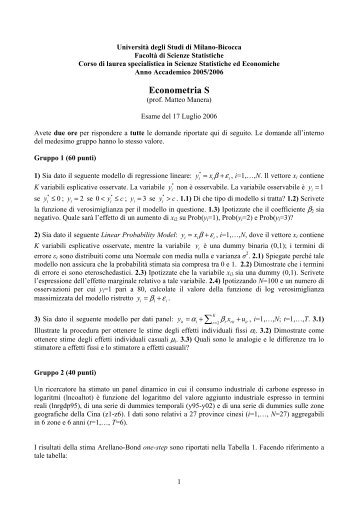 Econometria S - Scienze Statistiche - UniversitÃ  degli Studi di ...