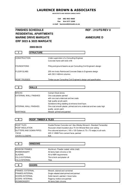 Annexure D - Finishing Schedule - Pam Golding Properties