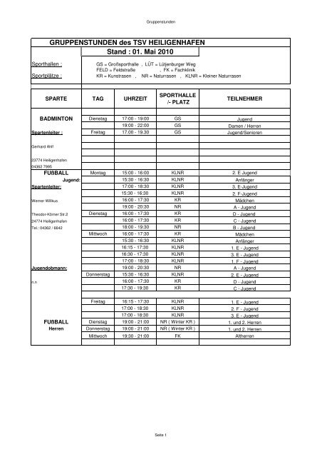 GRUPPENSTUNDEN des TSV HEILIGENHAFEN Stand : 01. Mai 2010