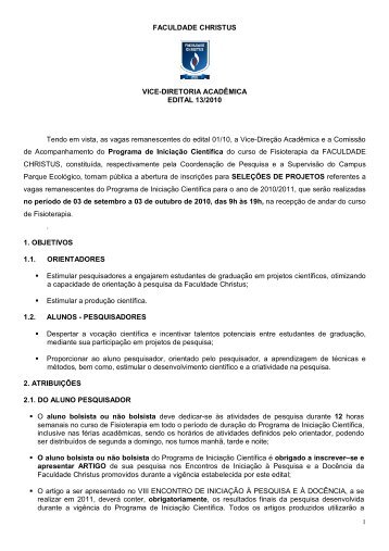 Edital Prog Inic Cientifica- Fisioterapia - Faculdade Christus