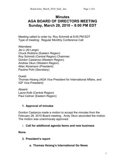 Minutes AGA BOARD OF DIRECTORS MEETING Sunday, March 28 ...