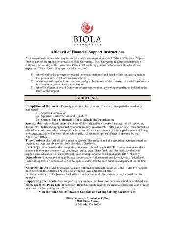 Affidavit of Financial Support Instructions - Biola - Biola University