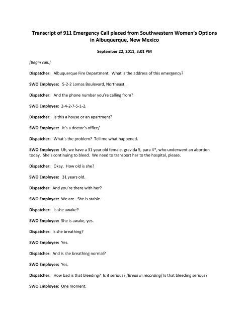 Transcript of 911 Emergency Call placed from ... - Operation Rescue