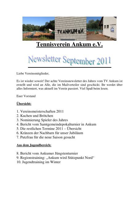 Vereinsnewsletter September 2011 - Tennisverein Ankum e.V.