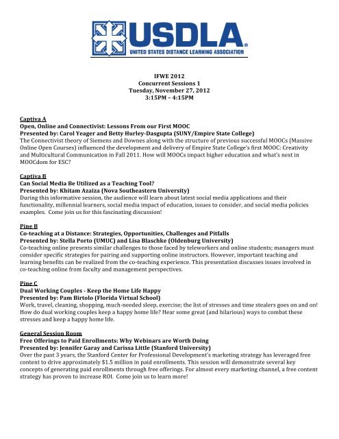 Page 1 IFWE 2012 Concurrent Sessions 1 Tuesday, November 27 ...