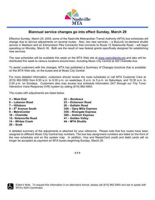 Biannual service changes go into effect Sunday ... - Nashville MTA