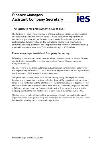 Finance manager / assistant company secretary; job specification