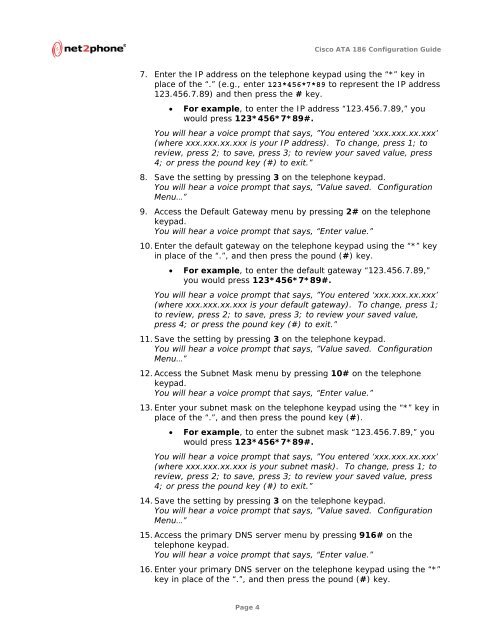 Net2Phone/Cisco ATA 186 Configuration Guide