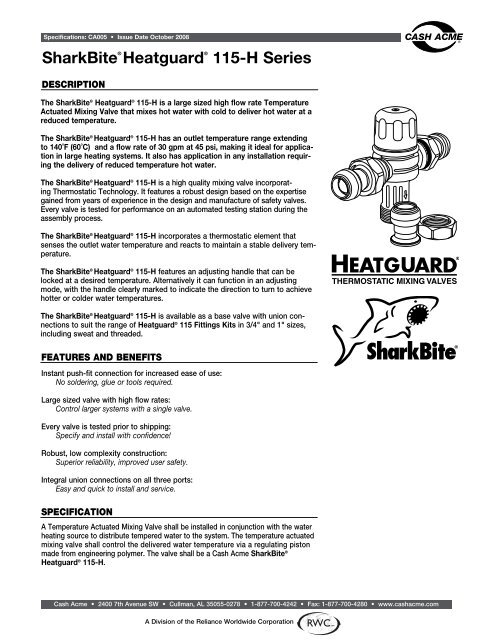 SharkBiteÂ® HG 115-H Specification Sheet - Cash Acme