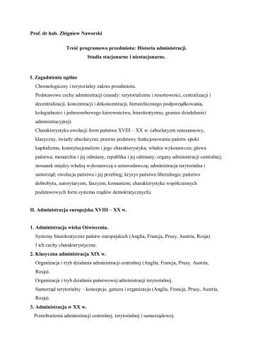 Historia administracji. Studia stacjonarne i niestacjonarne. I. Z