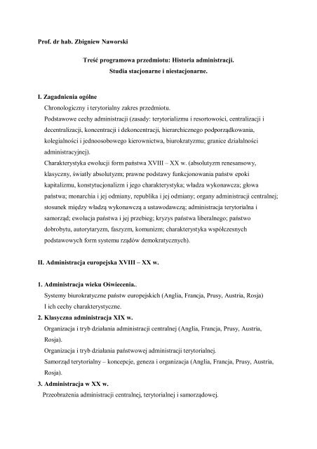 Historia administracji. Studia stacjonarne i niestacjonarne. I. Z