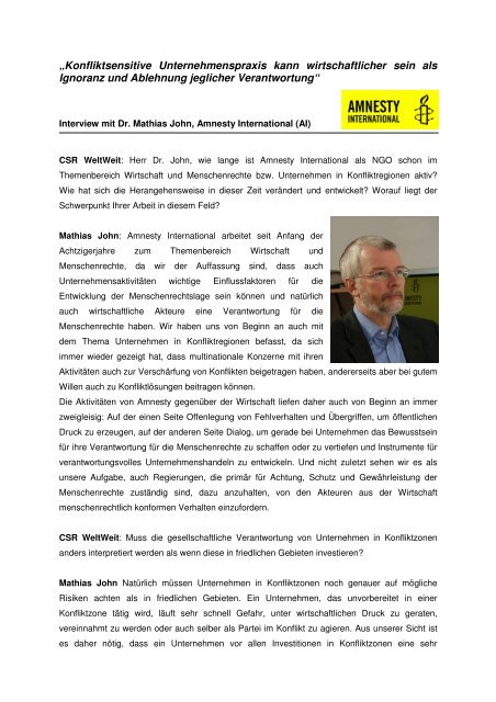 Interview mit Dr. Mathias John, Amnesty International - CSR WeltWeit