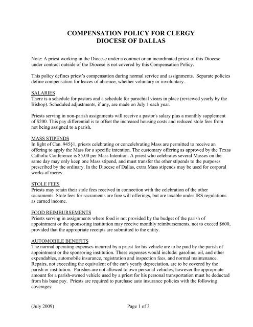 COMPENSATION POLICY FOR CLERGY DIOCESE OF DALLAS