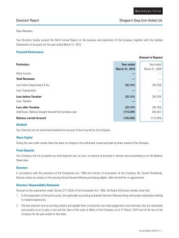 Shopper's Stop.Com (India) Ltd. Directors' Report - Shoppers Stop