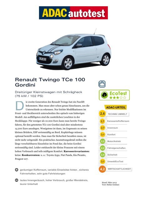 Umfassender Test Renault Twingo TCe 100 Gordini - ADAC