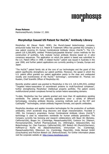 MorphoSys Issued US Patent for HuCALÃ‚Â® Antibody Library