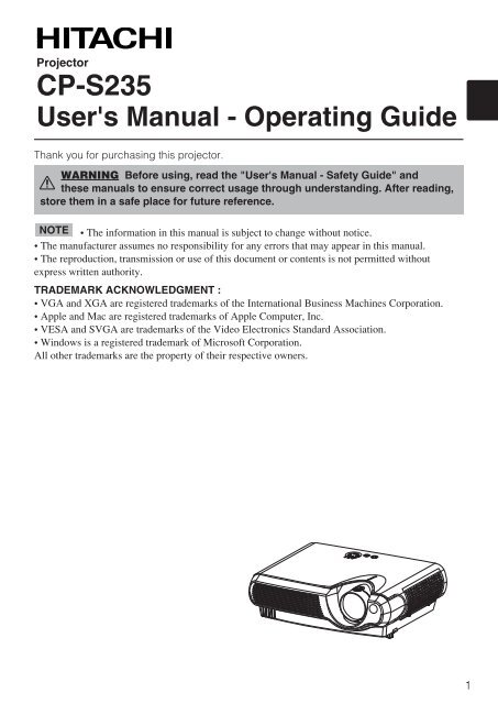 CP-S235 User's Manual - Operating Guide - Hitachi America, Ltd.