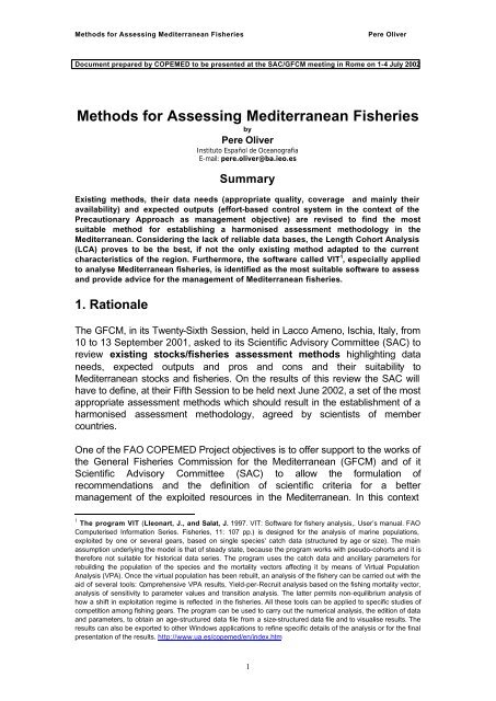 Methods for Assessing Mediterranean Fisheries - Fao - Copemed